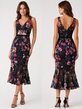 Marchesa Notte Floral Embroidered V-Neck Midi Dress Size 4